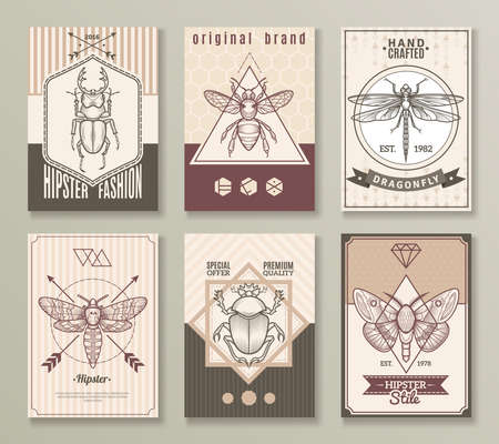 Insects hipster cards set with dragonfly and beetles flat isolated vector illustrationのイラスト素材