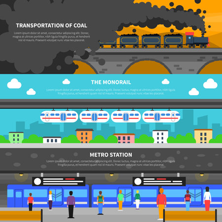 Train horizontal banner set with metro and cargo transportation wagons flat elements isolated vector illustrationのイラスト素材