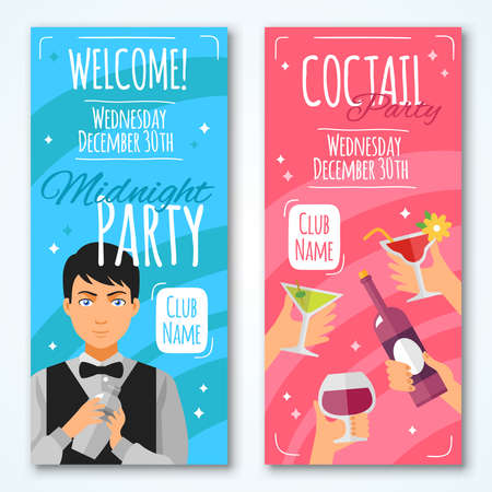 Flat cocktail invitations to midnight party with barmen and hands with wineglasses and bottle in retro style vector illustrationのイラスト素材