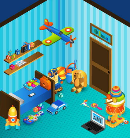 Child playroom concept with isometric bed and isometric toys vector illustrationのイラスト素材