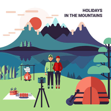 Camping in mountains flat vector illustration with people tent campfire and mountain landscape backgroundのイラスト素材