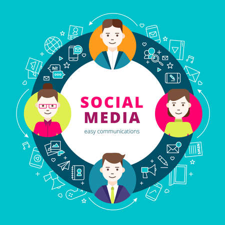 Social media group design concept set of line network icons and creative people participate in internet community flat vector illustrationのイラスト素材