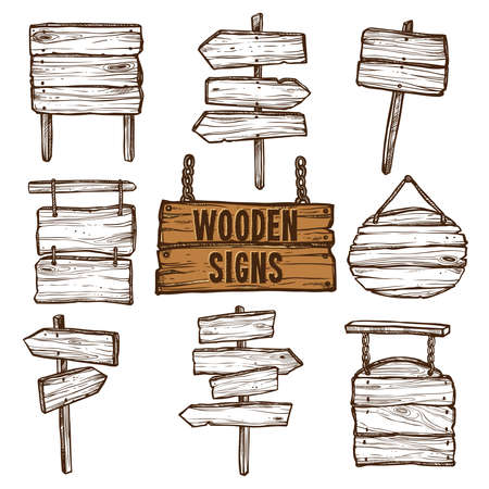 Wooden signposts and signboards on chains and ropes flat sketch icon set isolated vector illustrationのイラスト素材