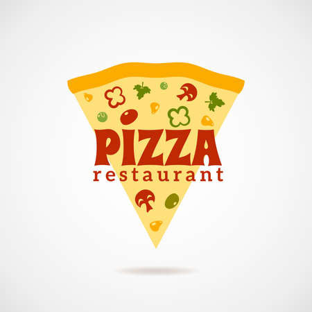 Pizza restaurant logo with a piece of pizza with vegetables and mushrooms flat vector illustrationのイラスト素材