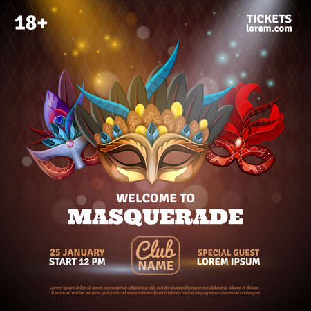 Masquerade realistic poster with party tickets and club symbols vector illustrationのイラスト素材