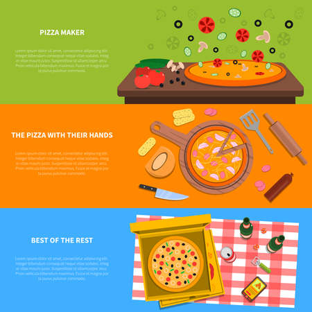 Pizza horizontal banner set with cooking process and ingredients flat elements isolated vector illustrationのイラスト素材