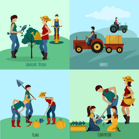 Gardening people design concept set with landscape design flat icons isolated vector illustrationのイラスト素材