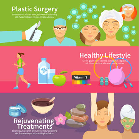 Rejuvenation horizontal banner set with plastic surgery treatments and healthy lifestyle flat elements isolated vector illustrationのイラスト素材