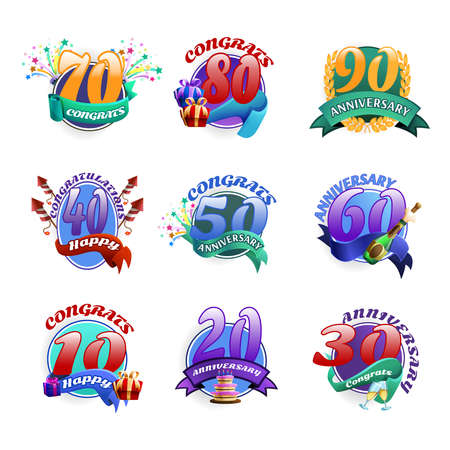Anniversary emblems set with birthday celebration badges isolated vector illustrationのイラスト素材