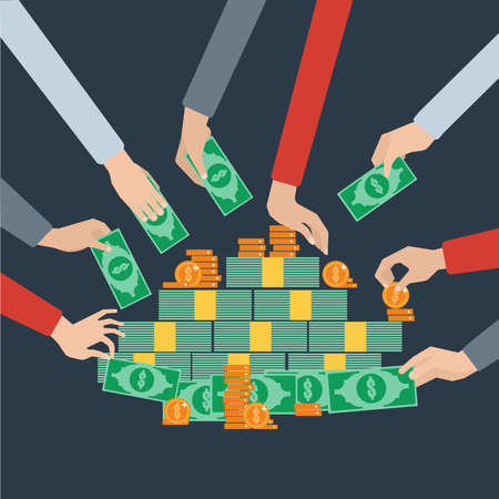 Grabbing and taking hold on money long hands pictograms radial composition flat  background poster abstract vector illustrationのイラスト素材