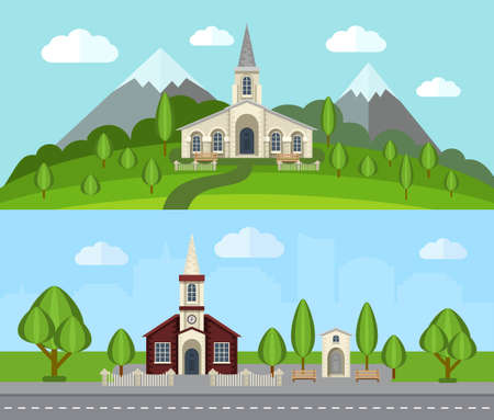 Church buildings in countryside landscape flat horizontal banner set isolated vector illustrationのイラスト素材