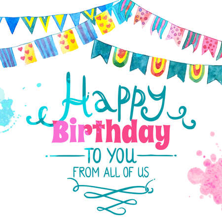 Happy birthday greeting card with water color flag garland vector illustrationのイラスト素材