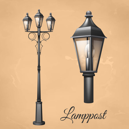 Retro vintage lamp post set with electricity lantern isolated vector illustrationのイラスト素材