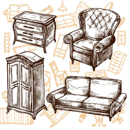 Vintage furniture chair sofa cabinet and dresser doodle sketch hand drawn concept vector illustrationのイラスト素材