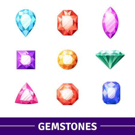 Gemstones in different colors and shape realistic icons set isolated vector illustrationのイラスト素材