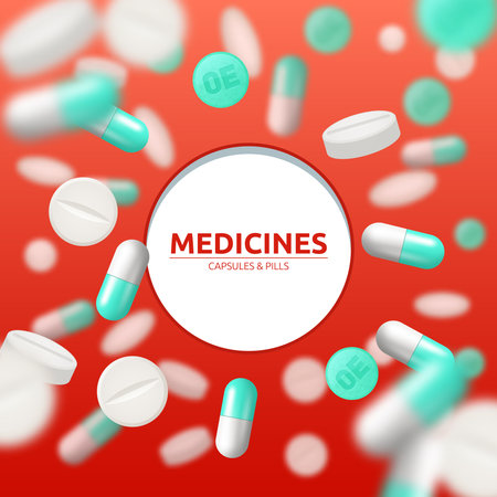 Medical background with white and green pills and capsules vector illustrationのイラスト素材