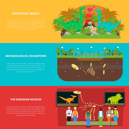 Dinosaurs horizontal banner set with prehistoric world elements isolated vector illustrationのイラスト素材