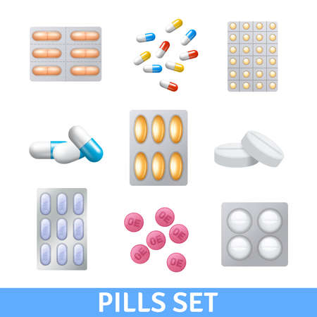 Realistic pills and granules in different colors icons set isolated vector illustrationのイラスト素材