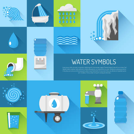 Water flat decorative icons set with glass tube plastic bottle pack isolated vector illustrationのイラスト素材