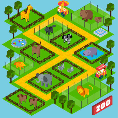 Isometric zoo park concept with 3d animals in cages vector illustrationのイラスト素材