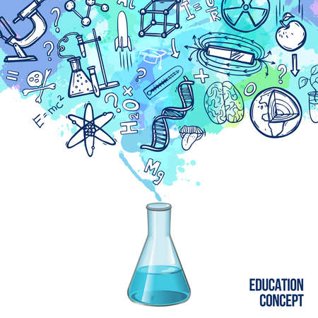 Education concept with realistic lab flask and sketch science symbols vector illustrationのイラスト素材