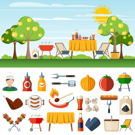 Family barbeque picnic in the countryside horizontal banners set with  bbq accessories pictograms abstract vector isolated  illustrationのイラスト素材