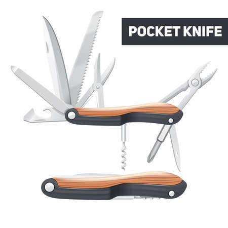 Pocket multifunctional knife with scissors screwdriver opener and corkscrew realistic color concept...