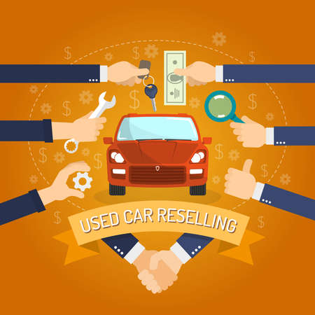 Used cars reselling concept with hands holding keys and money flat vector illustrationのイラスト素材