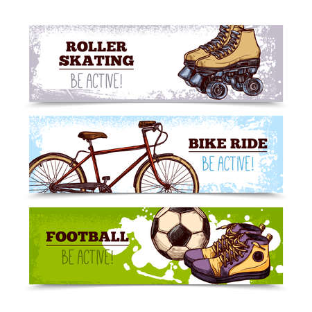 Summer sport horizontal banners set with hand drawn bicycle and football ball isolated vector illustrationのイラスト素材