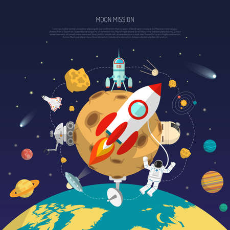 Space mission concept with moon earth and research satellites flat vector illustrationのイラスト素材
