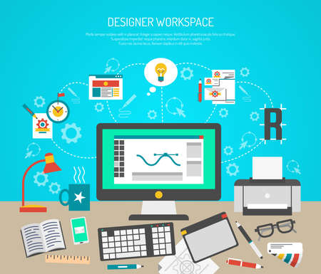 Designer workspace concept with flat graphic design tools and computer monitor vector illustration