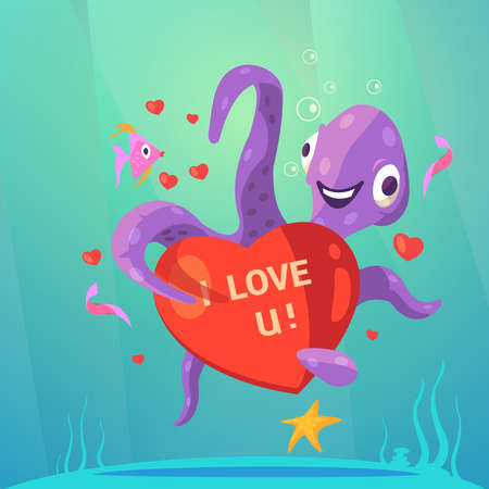 Valentine day retro cartoon with cute octopus with red heart vector illustrationのイラスト素材