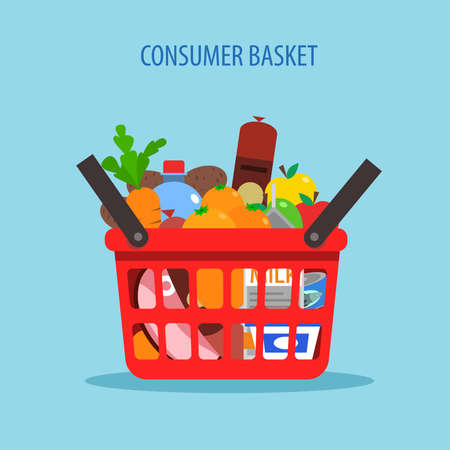 Red plastic shopping basket full of foodstuff concept flat vector illustrationのイラスト素材