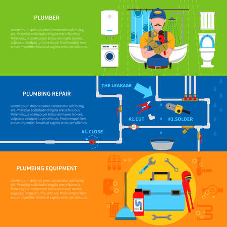Plumbing horizontal banners set with plumber plumbing repair and equipment symbols flat isolated vector illustrationのイラスト素材