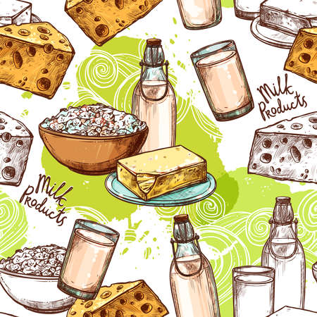 Milk seamless pattern with sketch healthy dairy products vector illustrationのイラスト素材
