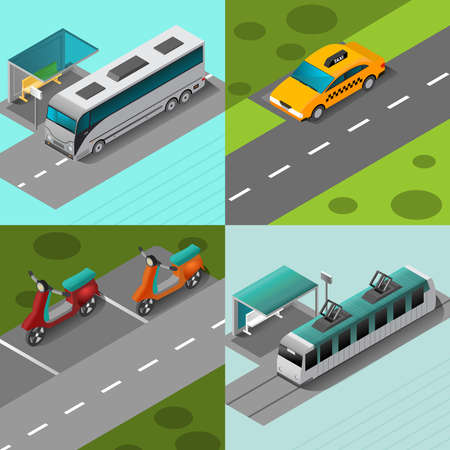 Public transport design concept set with isometric vehicles on stops isolated vector illustrationのイラスト素材