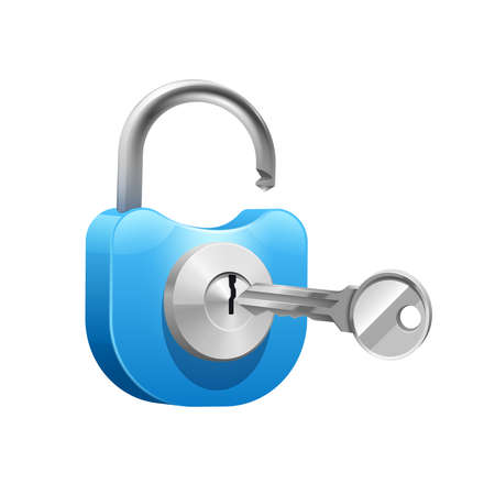 Metal blue padlock with key for opening or closing realistic vector illustrationのイラスト素材