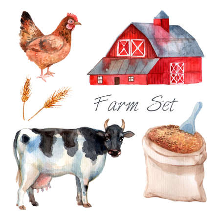 Watercolor concept farm set with cow hen and grain isolated vector illustrationのイラスト素材