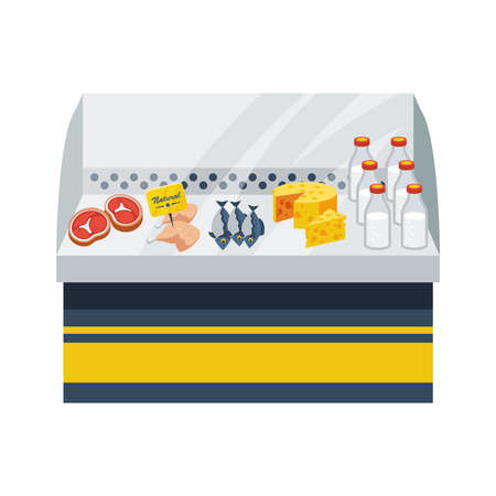 Natural food flat design concept with dairy meat and fish products on counter vector illustrationのイラスト素材