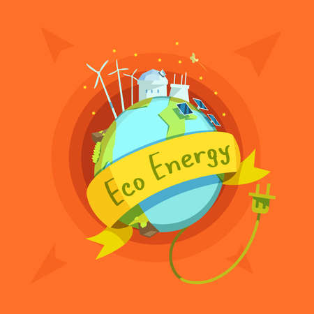 Ecological energy retro cartoon with globe and eco power stations on it vector illustrationのイラスト素材