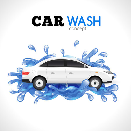 White car wash concept with blue water splashes vector illustrationのイラスト素材