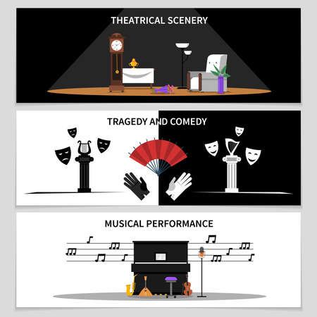 Theatre horizontal banners set with theatrical scenery and musical performance symbols flat isolated vector illustrationのイラスト素材