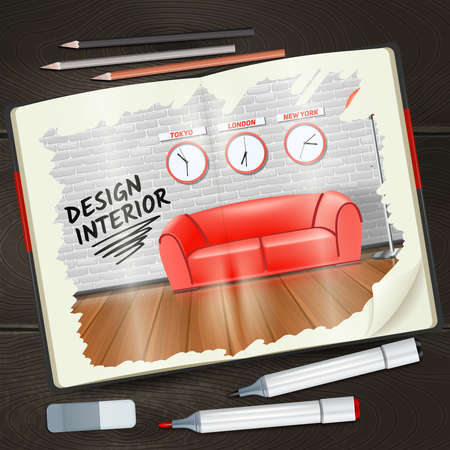 Modern interior design sketchbook with pencils highlighters and rubber realistic vector illustrationのイラスト素材