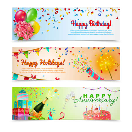 Happy anniversary birthday party celebration in holidays season 3 horizontal festive colorful decorative banners abstract vector illustrationのイラスト素材
