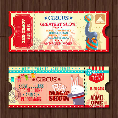 Circus big magic show with trained animals two vintage entrance tickets templates set abstract isolated vector illustrationのイラスト素材