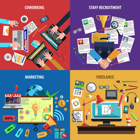 Freelance coworking concept 4 flat icons square banner with staff recruiting and marketing abstract isolated vector illustrationのイラスト素材