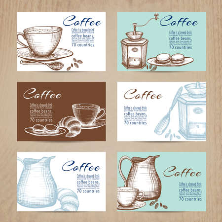 Nostalgic coffee time cards with recipes collection in mini banners form  on billboard abstract isolated  vector illustration. Editable EPS and Render in JPG formatのイラスト素材