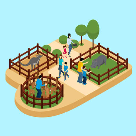 People At The Zoo With Hippos And Lemurs On Blue Background Isometric Vector Illustrationのイラスト素材 イメージマート