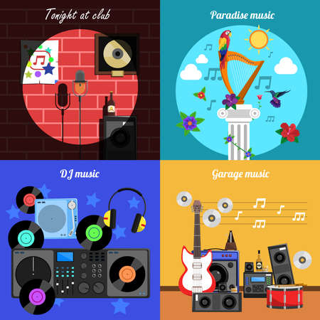 Melody and Instruments square banners set with club dj paradise and garage music flat isolated vector illustrationのイラスト素材