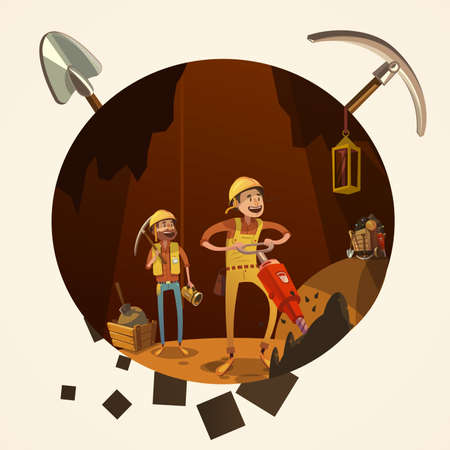 Mining concept with manual workers in mine with drilling tools cartoon retro style vector illustrationのイラスト素材
